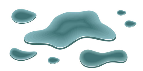 Water puddle, spill drip, liquid water drops isolated. Flowing splash, smooth amorphous blob, teal colo shapes. Flat cartoon design on white background. Vector illustration