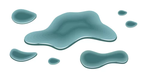 Keuken spatwand met foto Water puddle, spill drip, liquid water drops isolated. Flowing splash, smooth amorphous blob, teal colo shapes. Flat cartoon design on white background. Vector illustration © Amarylle