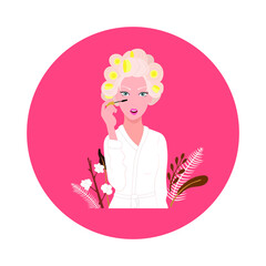Vector Cartoon Girl Applying Her Makeup, Colorful Illustration, Character Design, Circle Frame Isolated on White Background, Morning Routine.