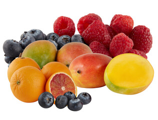 Fresh  Blueberry Raspberry  Mango Orange isolated on white background with cut out have clipping path
