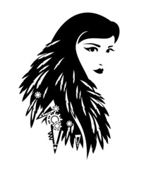 tribal shaman woman with bird feather decorated long hair black and white vector portrait