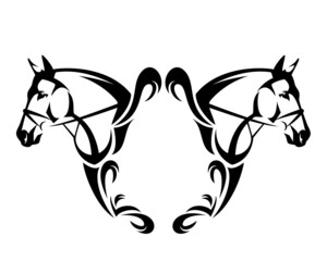 two bridled horse heads and heraldic style copy space blank frame for equestrian event champion black and white vector design