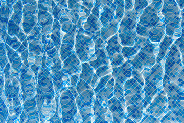 Fototapeta na wymiar Swimming pool mosaic bottom caustics ripple like sea water and flow with waves background with sun light reflection