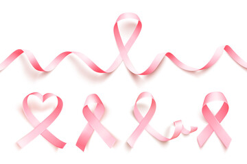 Set of realistic pink ribbon isolated over white background. Symbol of breast cancer awareness month in october. Vector illustration.