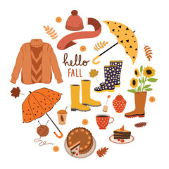 Autumn set of cozy elements. Autumn leaves, pumpkin pie, knitted sweater, rubber boots, umbrella, glass of coffee. Collection of vector illustrations of autumn season. Isolated on white background. 