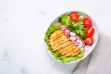 Salad with Chicken fillet. Keto diet, healthy food, diet lunch. Top view on white background.