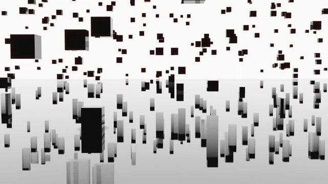 Lot of cubes in computer space with reflection. Design. Cubes rise up in stream on isolated background. Lot of black cubes move and are reflected in parallel world