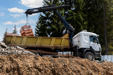 Side bottom pov big modern truck with mounted self loading crane arm boom unloading pallet of new bricks at countryside rural forest suburban construction site. Building materials delivery service © Kirill Gorlov