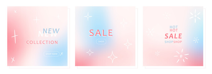 Trendy sale square cards. Colorful gradient backgrounds with sparkles. Modern templates for social media posts, ads, covers, banners design. Abstract vector art. 