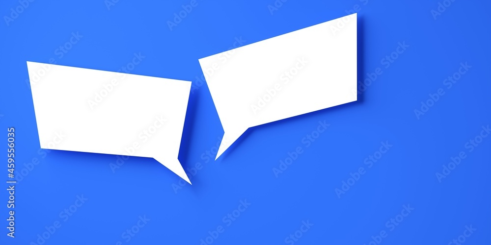 Poster two rectangular white empty speech bubble or balloon over dark blue background with shadow template