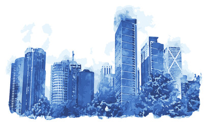 Chicago City skyline silhouette. Blue watercolor cityscape