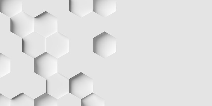 Modern minimal white random inset honeycomb hexagon geometrical pattern background border flat lay top view from above