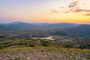 Fototapeta na wymiar Scenic mountain landscape at sunset. Colorful travel background.