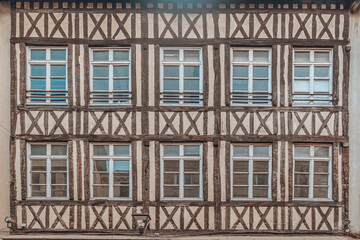 Typical half-timbered Norman houses, historic facade of Normandy, France