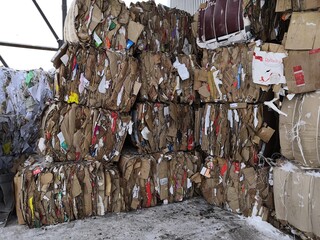 briquettes of pressed cardboard selected at the sorting station of household garbage

