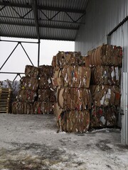 briquettes of pressed cardboard selected at the sorting station of household garbage
