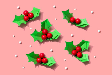 Christmas holly berries - Paper craft - flat lay