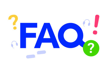 The FAQ word with graphic elements of the question, exclamation mark, chat, headphones