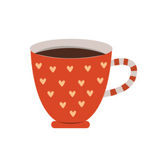 Ceramic cup of tea with drawn hearts. Funny red mug, flat cartoon style illustration 