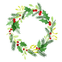 watercolor Christmas New Year wreath of green leaves and red berries. spruce branches, holly, mistletoe