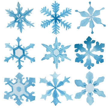 watercolor drawing set of snowflakes. isolated on white background abstract snowflakes of blue color. christmas, new year, winter