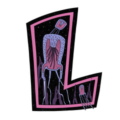 Letter L is part of the alphabet creative font. Black-white letter with abstract space marine pink and purple jellyfish. Hand drawn lettering illustration for design, web, interior, poster, print.