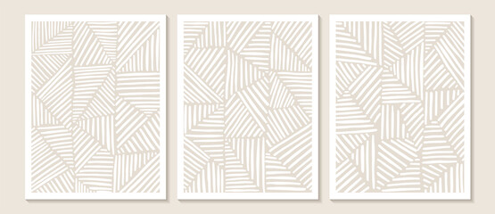Trendy contemporary Abstract wall art, Set of 3 boho art prints, Minimal white shapes on beige