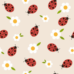 Seamless pattern with ladybugs and daisies. Vector illustration. It can be used for wallpapers, wrapping, cards, patterns for clothes and other. © Evalinda