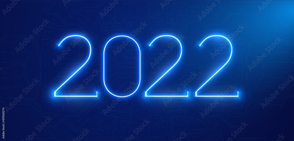 Poster new year digital 2022 and christmas in tech style. abstract neon backdrop with lights for christmas 