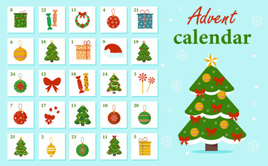 Christmas Advent calendar with New Year's elements, a Christmas tree, gifts, sweets, decorations. Winter illustration for children's creativity. Vector, cartoon style.