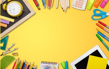 Back to School. Frame of school supplies with space for text.