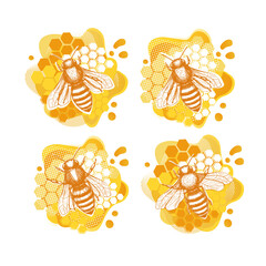 Yellow bee sketch template in modern style on white background. Summer natural organic food. Line art.