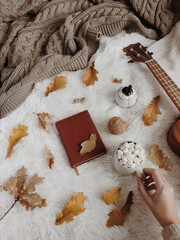 hand holding a cup of hot cocoa with marshmallows on neutral color flat lay with autumn leaves, ukulele and planner