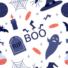 Halloween seamless pattern. Hat, moon, spider, candle, ghost, cobweb, candy. Can be used for wallpaper, pattern fills, web page background, surface textures