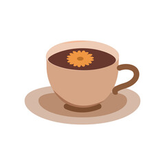 Cute cup of tea with a flower in a mug. Flat illustration 