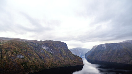 Fjord, nature and mountains in Norway. View on fjord from viewpoint.