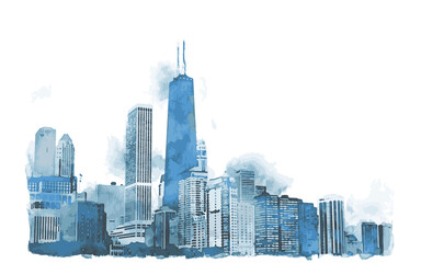 Fototapeta premium Chicago City skyline silhouette. Blue watercolor cityscape