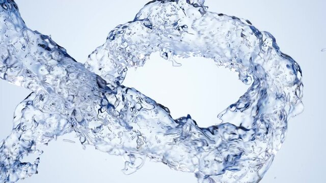4k slow motion 3d blue vortex water flow with a splashes isolated on a blue background with alpha channel