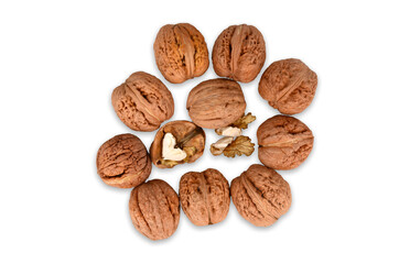 Orzechy włoskie w skorupkach. Large walnuts. Orzechy na białym tle. Nuts on a white background.