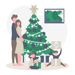 Children open Christmas presents. Cozy family New Year evening.