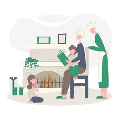 Grandparents reads kids. family evening.
Grandfather tells fairy tale.
