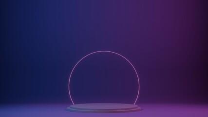 3D render still life with neon glowing circle on empty  pedestal