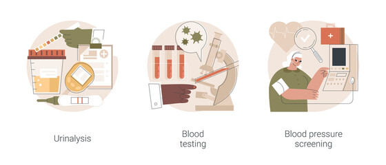 Clinical examination abstract concept vector illustration set. Urinalysis, blood testing and pressure screening, health problem detection, pregnancy test, microbiological laboratory abstract metaphor.