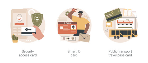 Chip card abstract concept vector illustration set. Security access card, smart ID, public transport travel pass, unlocking door, office entrance, trip ticket, identity verification abstract metaphor.