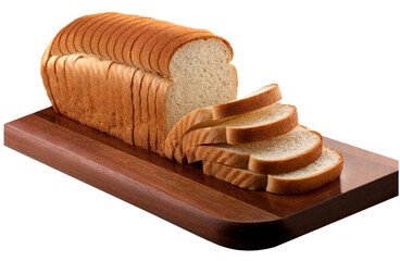 Pão de forma fatiado sobre tábua de madeira em fundo branco para recorte.