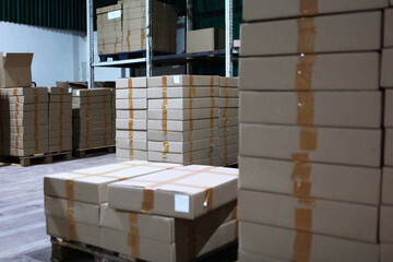 Warehouse interior. Storage of products in a warehouse. Products in cardboard boxes.