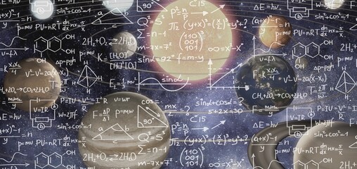 Mathematical and physical formulas against the background of a galaxy in universe. Space...