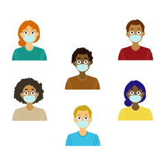 Fototapeta premium Ilustración. Personas diversas con mascarilla higiénica vistiendo jersey verde, beige, marrón, azul, rojo y amarillo. Sanidad, coronavirus, medidas preventivas.