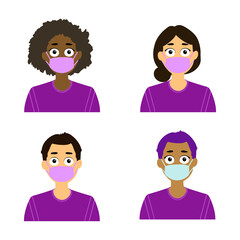Ilustración, personas diversas juntas llevando mascarilla quirúrgica morada y jersey morado. Feminismo, diversidad, igualdad, 8 marzo, Día Internacional de la Mujer. 
