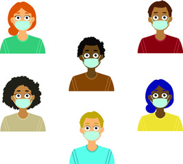 Vector Personas diversas con mascarilla higiénica vistiendo jersey verde, beige, marrón, azul, rojo y amarillo. Sanidad, coronavirus, medidas preventivas.